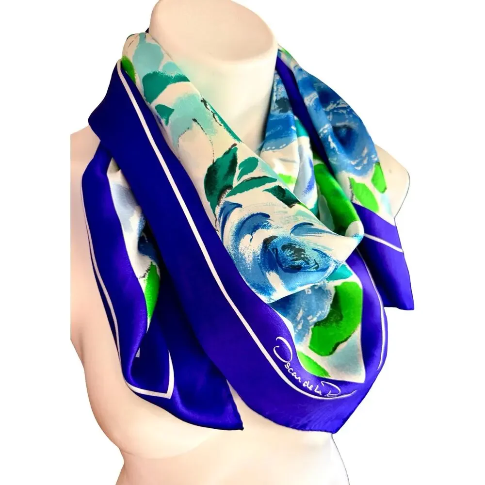 Vintage Oscar de la Renta Silk Scarf 1990s Blue Green Rose Floral 34x34 Square